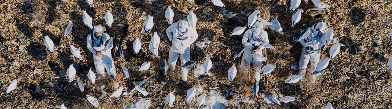 Snow goose hunters laying in the spread wearing SITKA's Nodak System