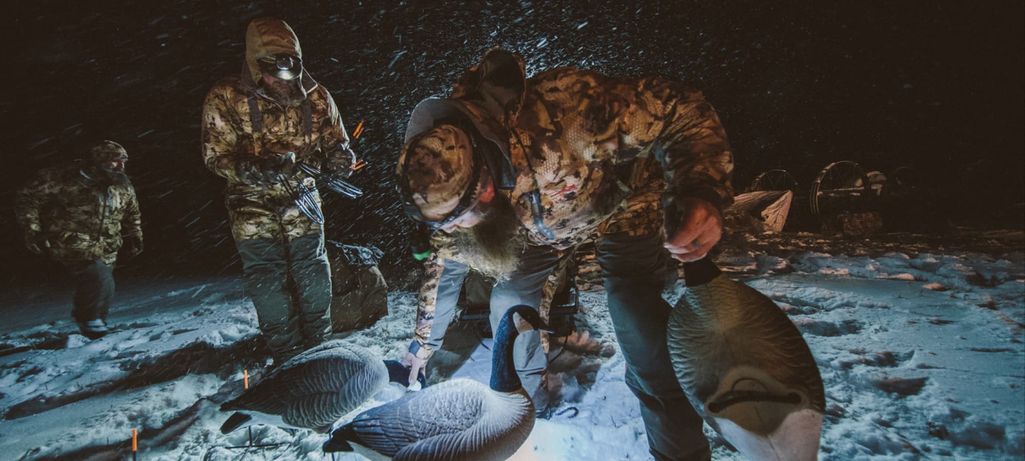 Man setting a decoy spread in cold, wet, snowy weather | SITKA Gear